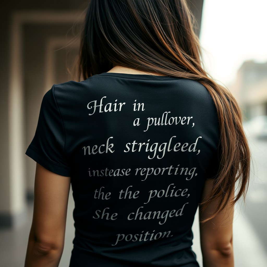 An Indonesian woman, viewed from the back, wearing a fitted black t-shirt with the text "Hair in a pullover, neck strangled, instead of reporting to the police, she changed position