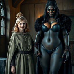 In a medieval room, a petite and happy 19-year-old blonde woman, appearing malnourished with medium-length hair and bright blue eyes, is dressed in an elegant noble cloak with a high collar that closes at her neck