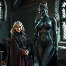 In a medieval room, a petite and happy 19-year-old blonde woman, appearing malnourished with medium-length hair and bright blue eyes, is dressed in an elegant noble cloak with a high collar that closes at her neck