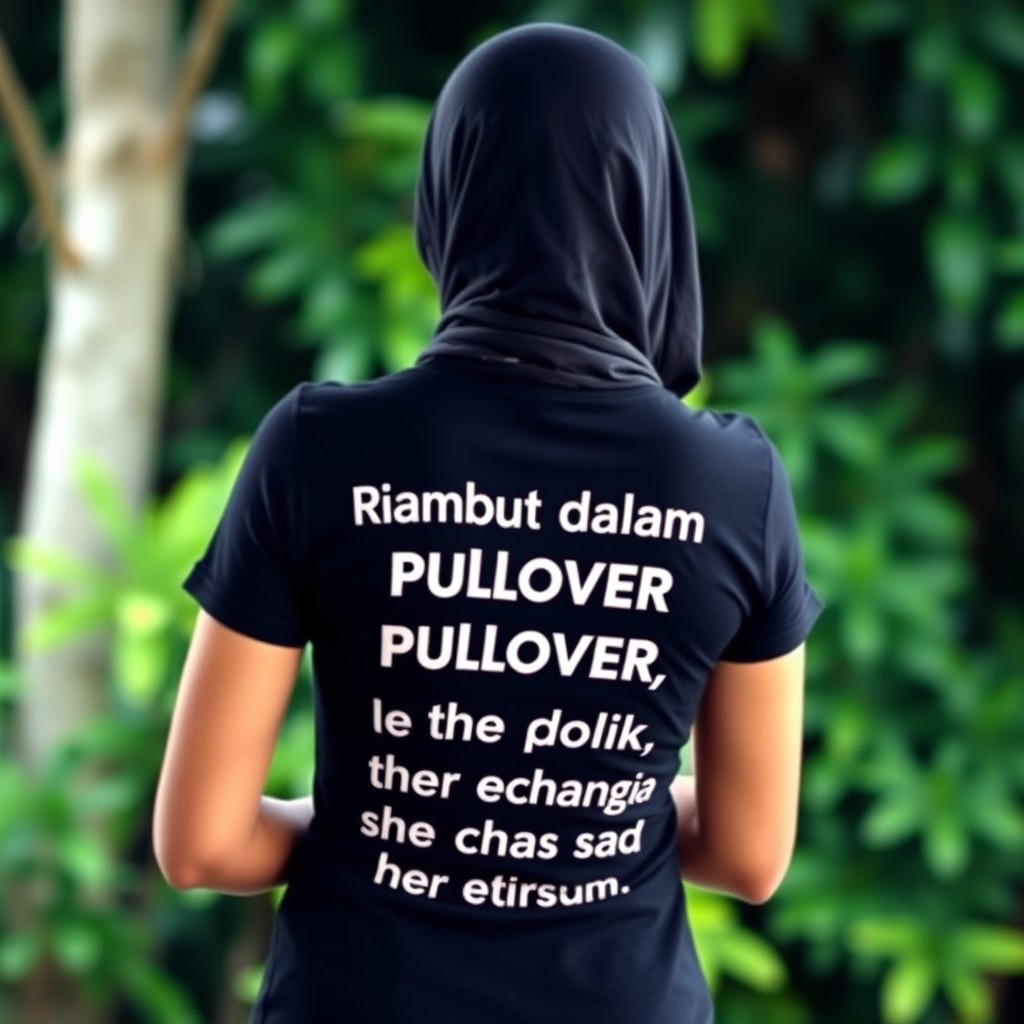 An Indonesian woman facing backwards, wearing a fitted black t-shirt with the Indonesian phrase written in bold white letters: "Rambut dalam pullover, leher dicekik, instead of reporting to the police, she changed position