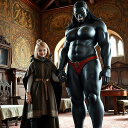 In a medieval room adorned with intricate tapestries and wooden furniture, a very happy and short 19-year-old blonde girl with medium-length hair and blue eyes stands holding hands with a towering black woman