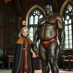 In a medieval room adorned with intricate tapestries and wooden furniture, a very happy and short 19-year-old blonde girl with medium-length hair and blue eyes stands holding hands with a towering black woman
