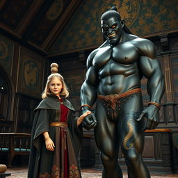 In a medieval room adorned with intricate tapestries and wooden furniture, a very happy and short 19-year-old blonde girl with medium-length hair and blue eyes stands holding hands with a towering black woman