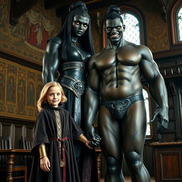 In a medieval room adorned with intricate tapestries and wooden furniture, a very happy and short 19-year-old blonde girl with medium-length hair and blue eyes stands holding hands with a towering black woman