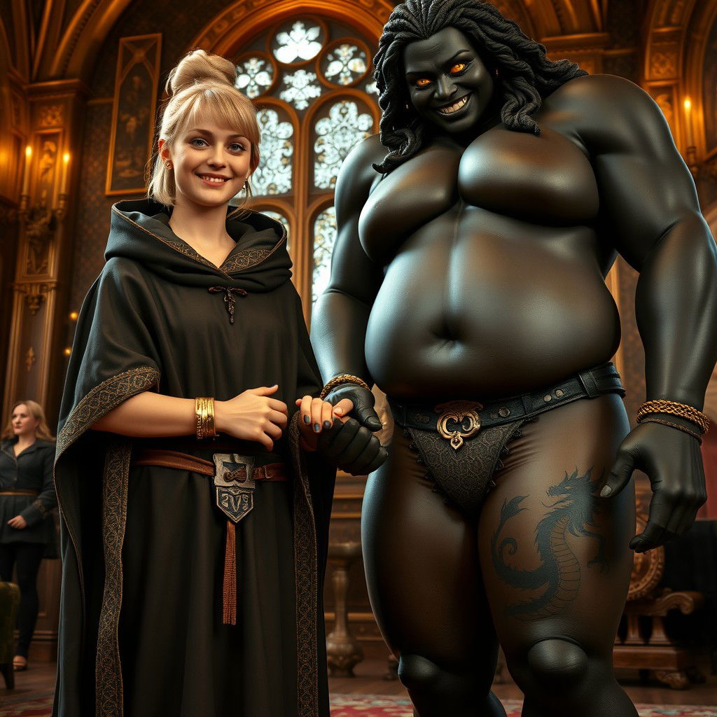 In a richly decorated medieval room, a very happy and short 19-year-old blonde girl with medium-length hair and striking blue eyes stands joyfully holding hands with an imposing giantess