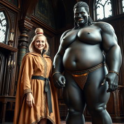 In a richly decorated medieval room, a very happy and short 19-year-old blonde girl with medium-length hair and striking blue eyes stands joyfully holding hands with an imposing giantess