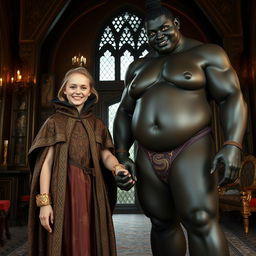 In a richly decorated medieval room, a very happy and short 19-year-old blonde girl with medium-length hair and striking blue eyes stands joyfully holding hands with an imposing giantess