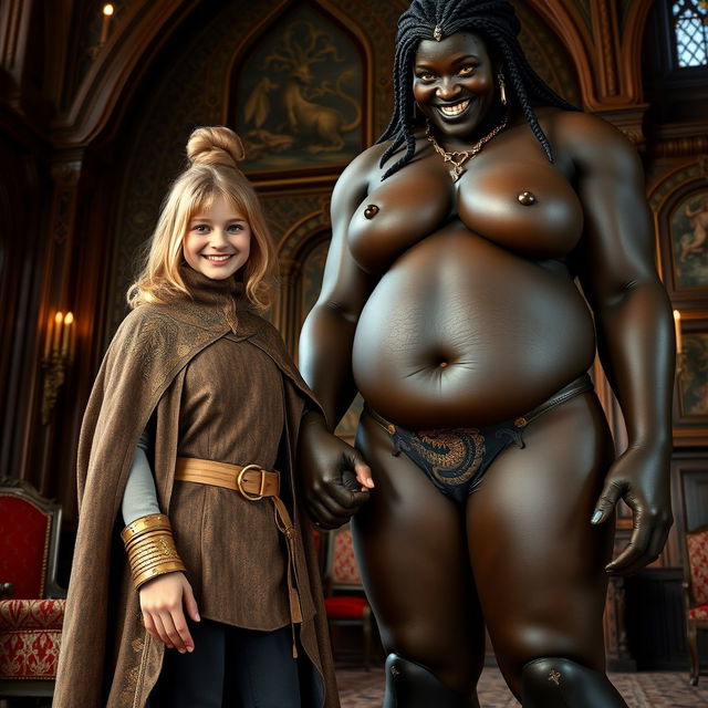 In a richly decorated medieval room, a very happy and short 19-year-old blonde girl with medium-length hair and striking blue eyes stands joyfully holding hands with an imposing giantess