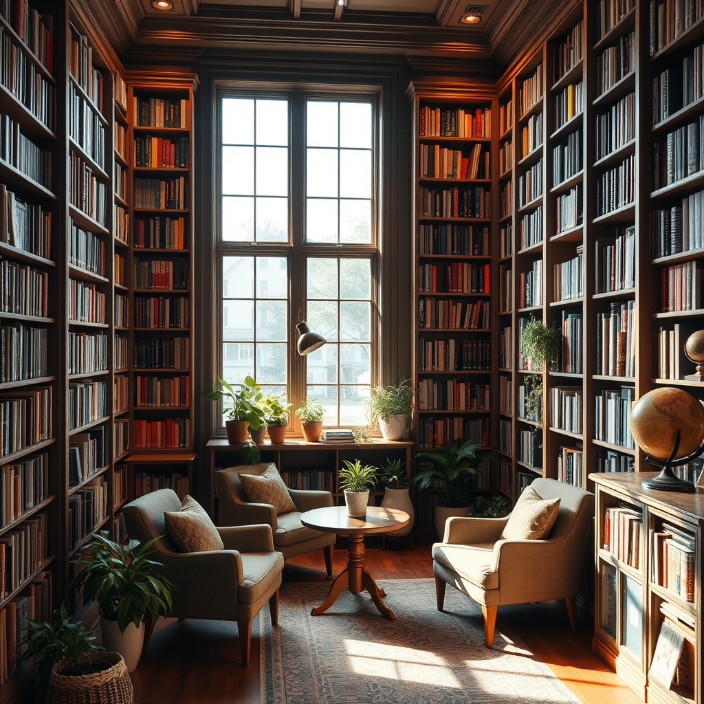a cozy library with tall wooden bookshelves filled with colorful books, warm ambient lighting casting a soft glow, a comfortable reading nook with plush armchairs and a small wooden table, large windows letting in natural sunlight, scattered potted plants for a touch of greenery, a vintage globe on a nearby shelf, an inviting atmosphere perfect for reading and studying