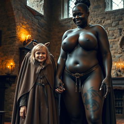 In a medieval room, a very happy 19-year-old malnourished blonde girl, short with medium-length hair, wearing a high-collared noble cloak that goes all the way down, holding hands with an incredibly tall black woman