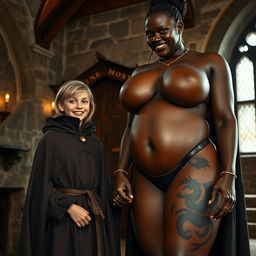 In a medieval room, a very happy 19-year-old malnourished blonde girl, short with medium-length hair, wearing a high-collared noble cloak that goes all the way down, holding hands with an incredibly tall black woman
