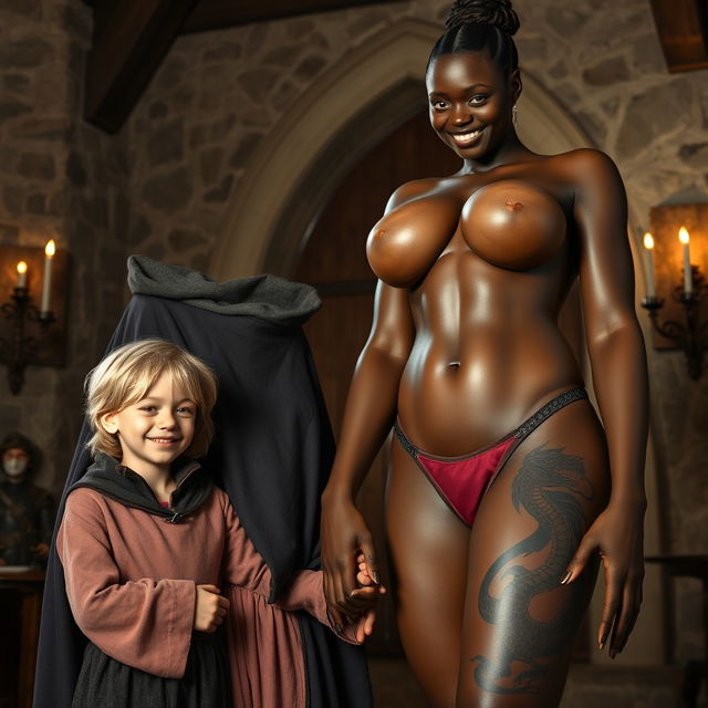 In a medieval room, a very happy 19-year-old malnourished blonde girl, short with medium-length hair, wearing a high-collared noble cloak that goes all the way down, holding hands with an incredibly tall black woman