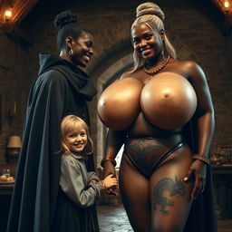 In a medieval room, a very happy 19-year-old malnourished blonde girl, short with medium-length hair, wearing a high-collared noble cloak that is fully closed up to her neck, adorned with a thick gold bracelet, holding hands with a towering black woman