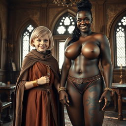 In a medieval room, a very happy 19-year-old malnourished blonde girl, short with medium-length hair, wearing a long noble cloak with a high collar that is fully closed at the neck