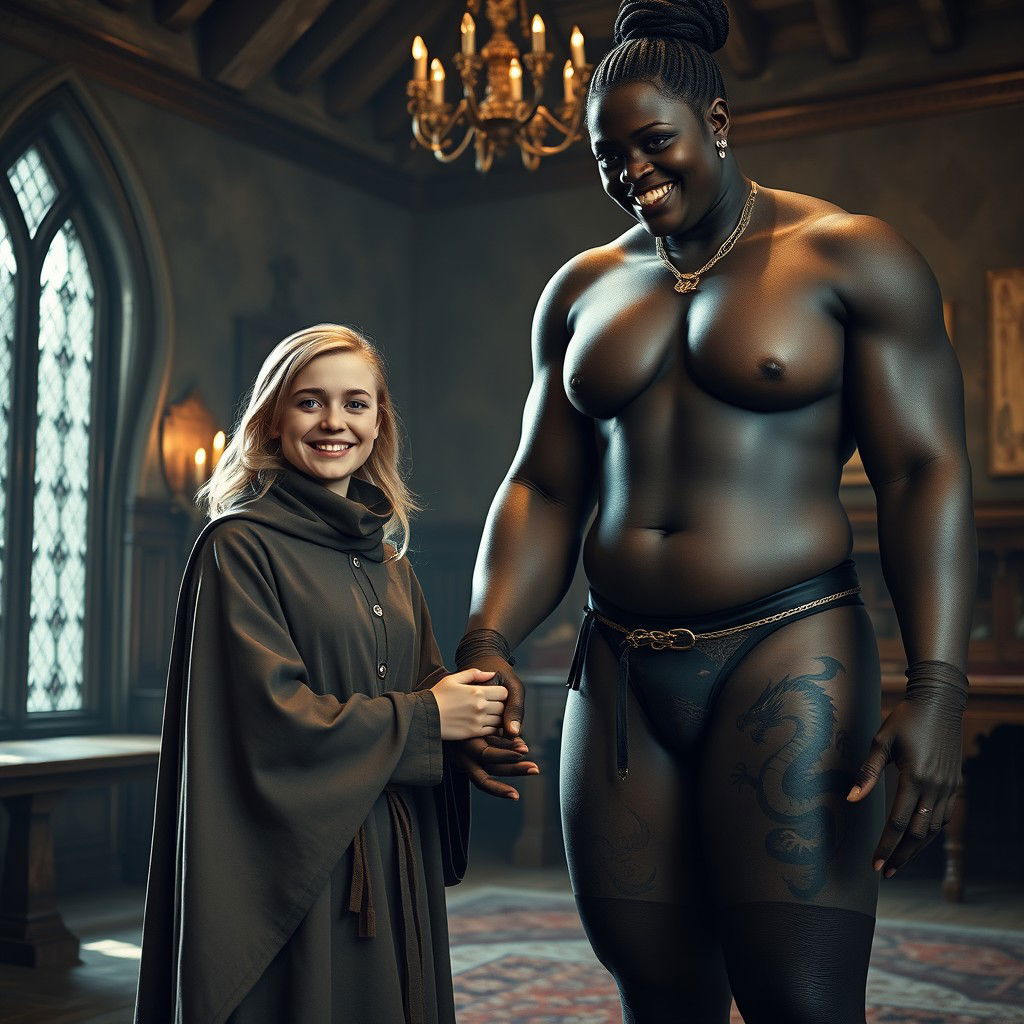 In a medieval room, a very happy 19-year-old malnourished young woman with mid-length blonde hair and blue eyes, dressed in a noble cloak with a high collar that covers her neck, is joyfully holding hands with an extremely tall black woman standing at 3 meters