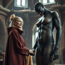 In a medieval room, a very happy 19-year-old malnourished young woman with mid-length blonde hair and blue eyes, dressed in a noble cloak with a high collar that covers her neck, is joyfully holding hands with an extremely tall black woman standing at 3 meters