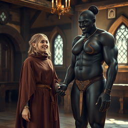 In a medieval room, a very happy 19-year-old malnourished young woman with mid-length blonde hair and blue eyes, dressed in a noble cloak with a high collar that covers her neck, is joyfully holding hands with an extremely tall black woman standing at 3 meters