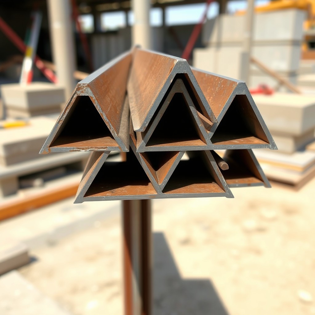 A collection of triangle steel rebars designed for concrete road construction, showcasing their robust and industrial texture