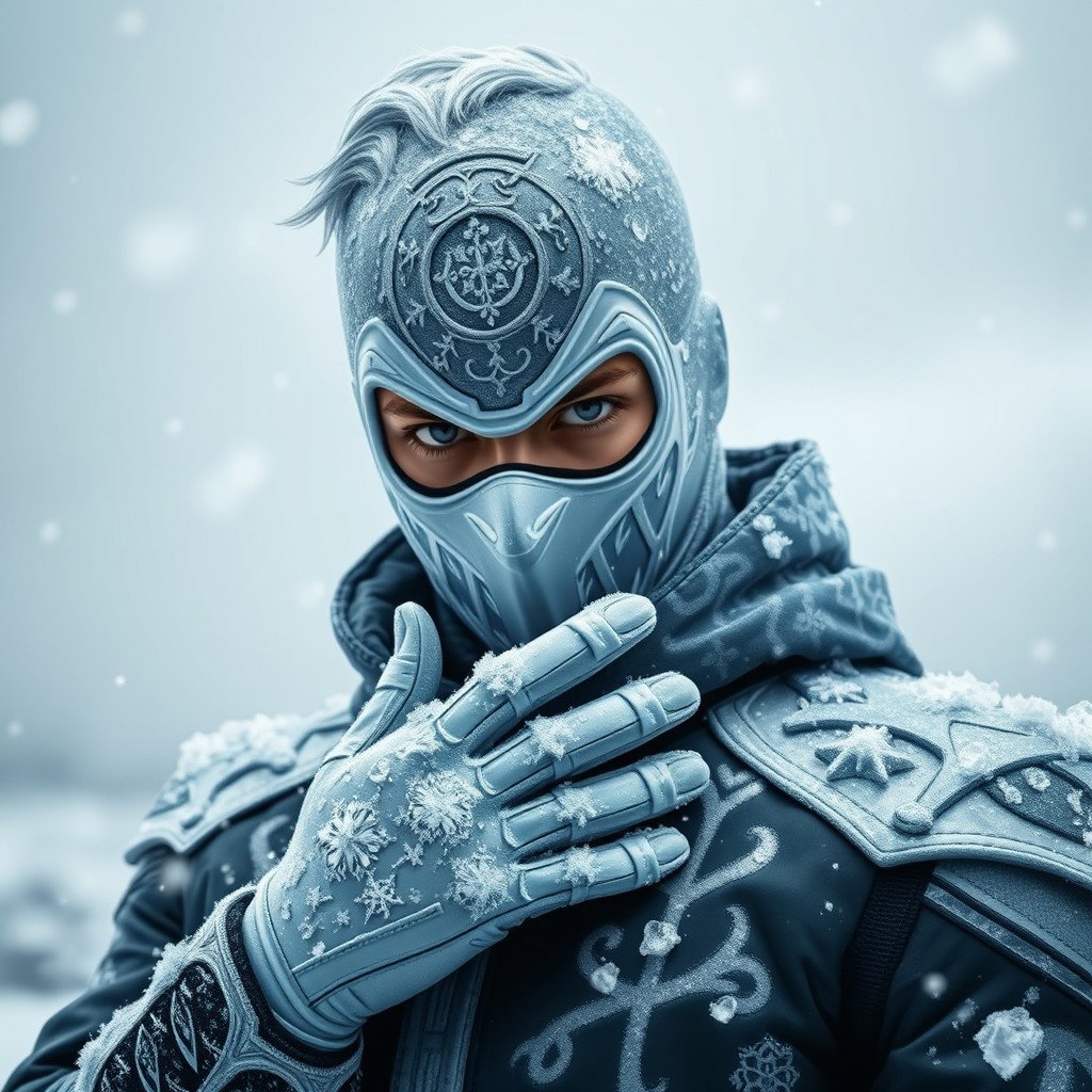 A young male ice supervillain, exuding a chill and menacing aura