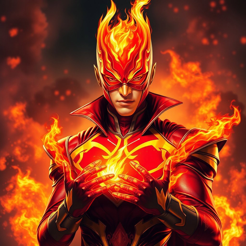 A young male fire supervillain radiating an aura of heat and menace