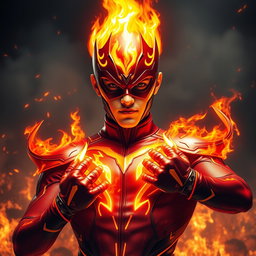 A young male fire supervillain radiating an aura of heat and menace