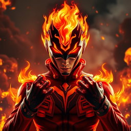 A young male fire supervillain radiating an aura of heat and menace