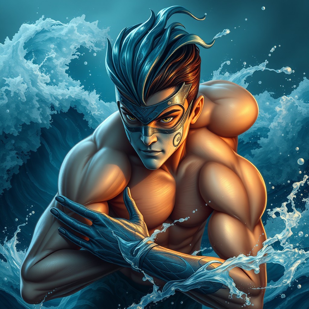 A young male water supervillain, embodying the essence of the ocean with a powerful and commanding presence