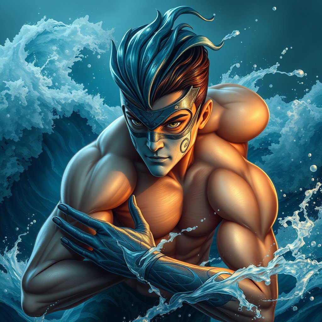 A young male water supervillain, embodying the essence of the ocean with a powerful and commanding presence