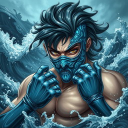 A young male water supervillain, embodying the essence of the ocean with a powerful and commanding presence