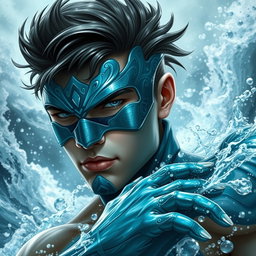 A young male water supervillain, embodying the essence of the ocean with a powerful and commanding presence