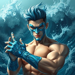 A young male water supervillain, embodying the essence of the ocean with a powerful and commanding presence