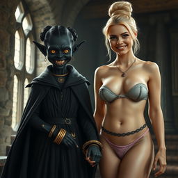 In a medieval room, a wicked young woman of 22 years with malnourished, pitch-black skin stands ominously