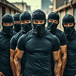 A dynamic image featuring a group of young men wearing balaclavas, showcasing a sense of unity and strength