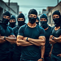 A dynamic image featuring a group of young men wearing balaclavas, showcasing a sense of unity and strength
