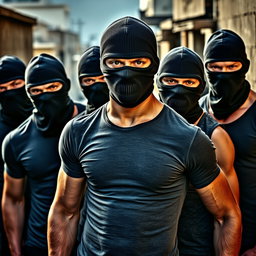 A dynamic image featuring a group of young men wearing balaclavas, showcasing a sense of unity and strength