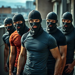 A dynamic image featuring a group of young men wearing balaclavas, showcasing a sense of unity and strength