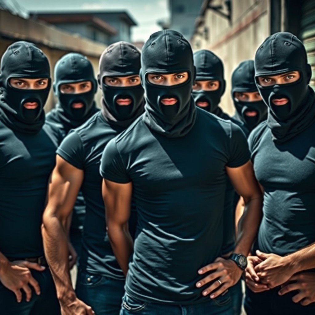 A dynamic image showcasing a group of young men wearing balaclavas, highlighting their camaraderie and boldness