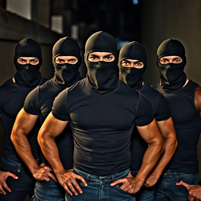 A dynamic image showcasing a group of young men wearing balaclavas, highlighting their camaraderie and boldness