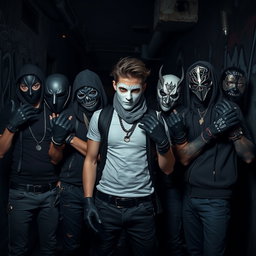 An intense image capturing a group of young villains, each adorned with unique masks and gloves, creating an air of menace and intrigue