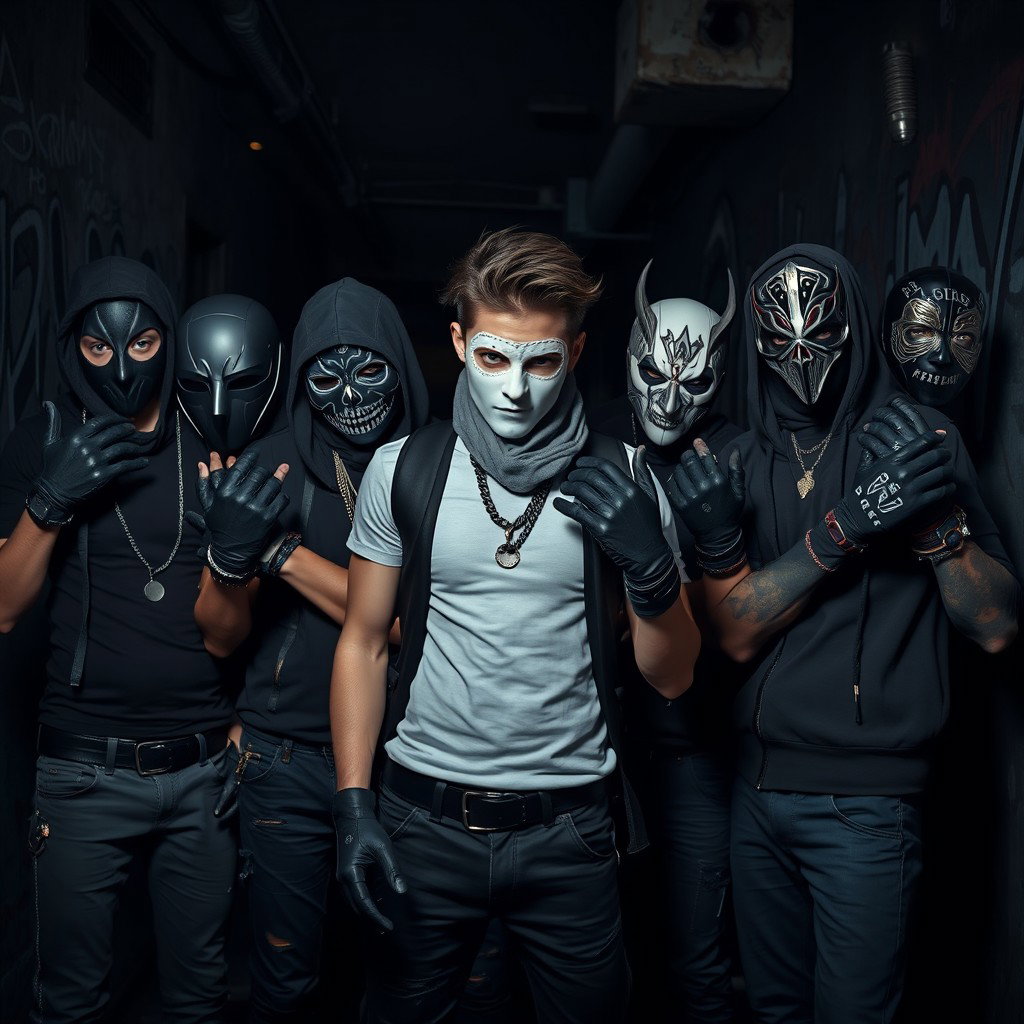 An intense image capturing a group of young villains, each adorned with unique masks and gloves, creating an air of menace and intrigue