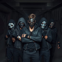 An intense image capturing a group of young villains, each adorned with unique masks and gloves, creating an air of menace and intrigue