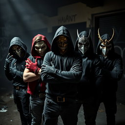 An intense image capturing a group of young villains, each adorned with unique masks and gloves, creating an air of menace and intrigue