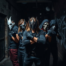 An intense image capturing a group of young villains, each adorned with unique masks and gloves, creating an air of menace and intrigue