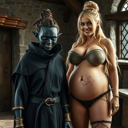 In a medieval room, a sinister young woman of 30 years with entirely black skin and a very thin physique stands beside a towering blonde woman