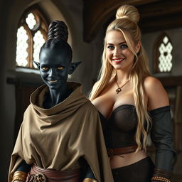 In a medieval room, a sinister young woman of 30 years with entirely black skin and a very thin physique stands alongside a towering blonde woman