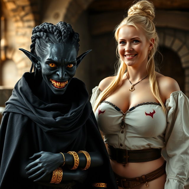 In a medieval room, a sinister young woman of 30 years with entirely black skin and a very thin physique stands alongside a towering blonde woman