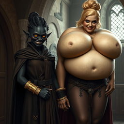 In a medieval room, a dark, malevolent figure stands hand in hand with a towering blonde woman