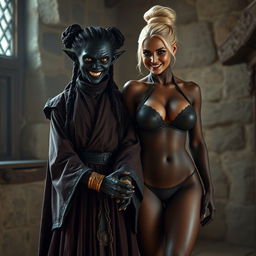 In a medieval room, featuring an evil younger woman with a very dark complexion, malnutritioned, around 30 years old, with completely black skin and short stature