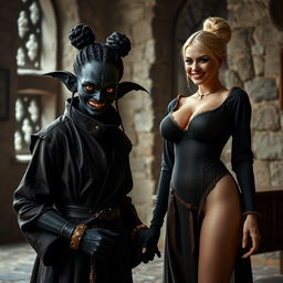 In a medieval room, featuring an evil younger woman with a very dark complexion, malnutritioned, around 30 years old, with completely black skin and short stature
