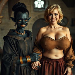 In a medieval room, a wicked young woman with very dark black skin, appearing malnourished at around 30 years old, stands with her low stature